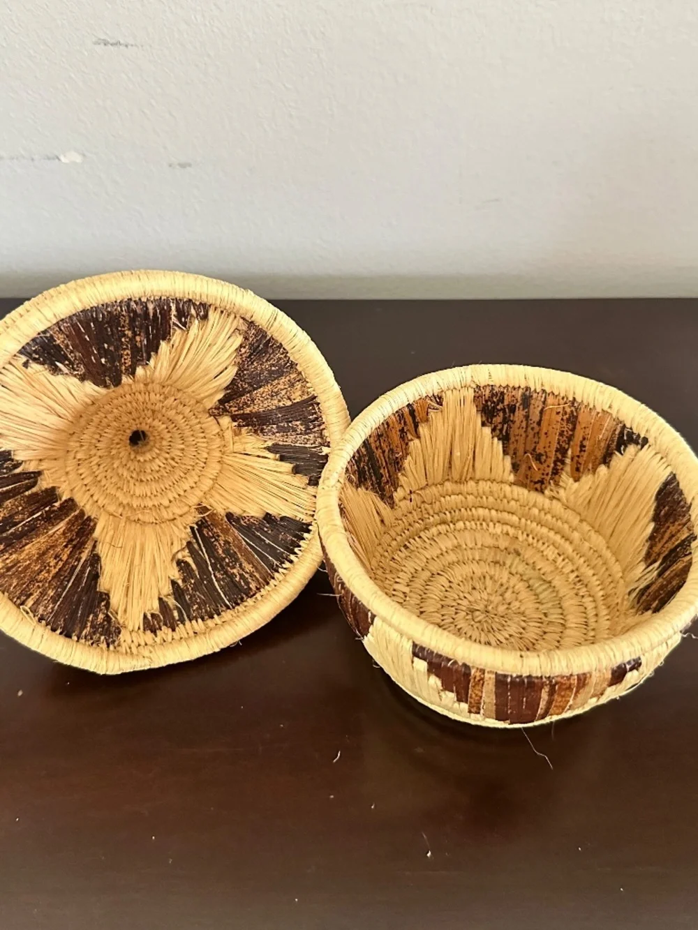 Vintage Coiled Lidded Handwoven Raffia Basket African Tribal 6” Decorative